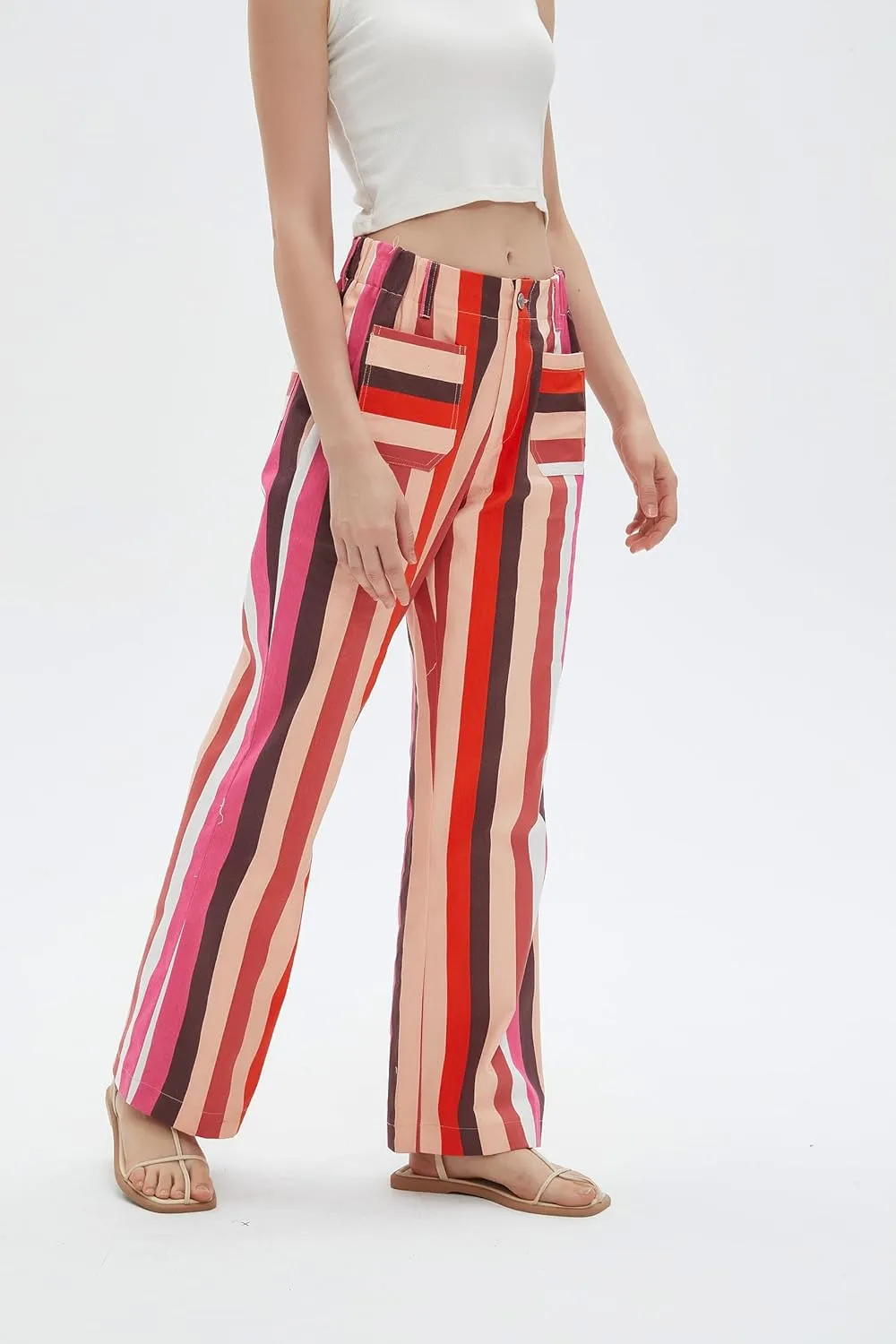 LifeShe Womens Striped Pant Casual High Waisted Straight Leg Denim Pants Trouser