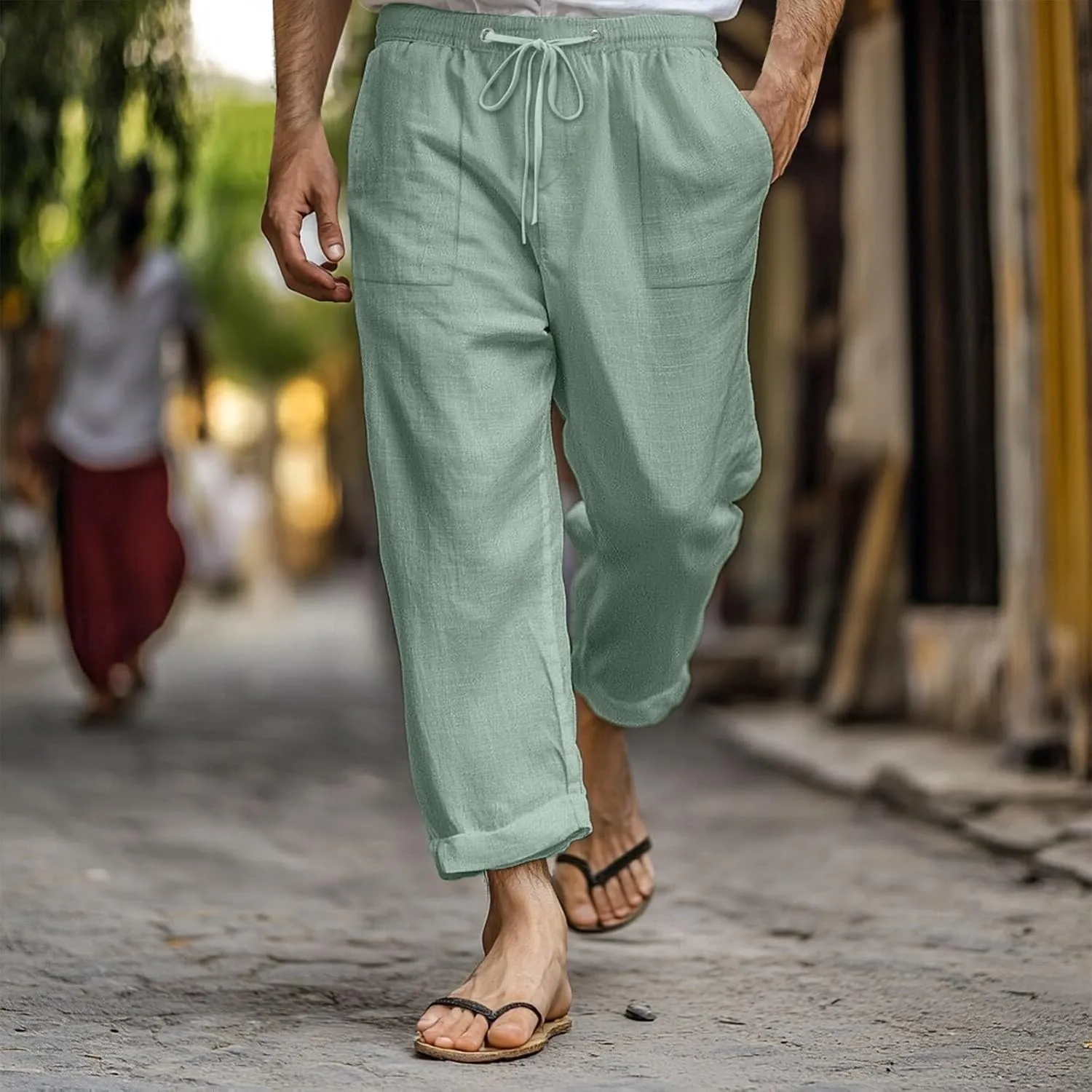 Linen Pants Men Casual Elastic Waist Straight Leg Capri Pants Comfort Breathable Summer Beach Wedding Cropped Trouser