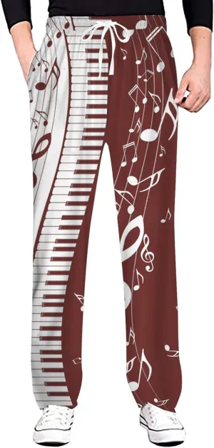Linen Pants Men Slim Fit Classic Musical Note Print Chino Pants Casual Lightweight Straight Leg Summer Beach Trousers