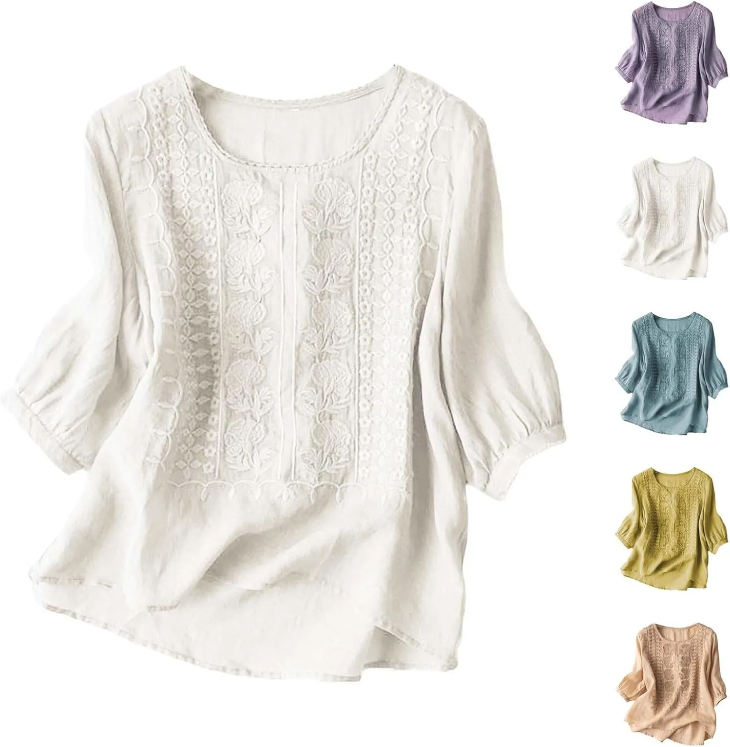 Linen Shirts for Women 2025 Summer Trendy Retro Embroidered 3/4 Sleeve Loose Dressy Casual Tops Boho Cute Blouses