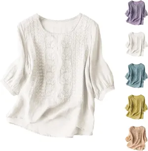 Linen Shirts for Women 2025 Summer Trendy Retro Embroidered 3/4 Sleeve Loose Dressy Casual Tops Boho Cute Blouses