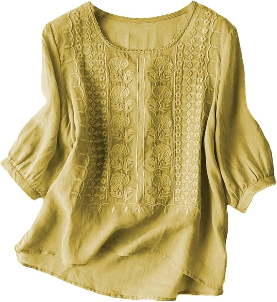 Linen Shirts for Women 2025 Summer Trendy Retro Embroidered 3/4 Sleeve Loose Dressy Casual Tops Boho Cute Blouses