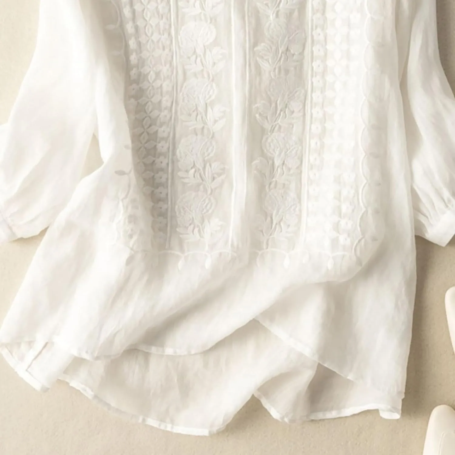Linen Shirts for Women 2025 Summer Trendy Retro Embroidered 3/4 Sleeve Loose Dressy Casual Tops Boho Cute Blouses