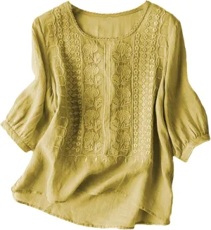 Linen Shirts for Women 2025 Summer Trendy Retro Embroidered 3/4 Sleeve Loose Dressy Casual Tops Boho Cute Blouses