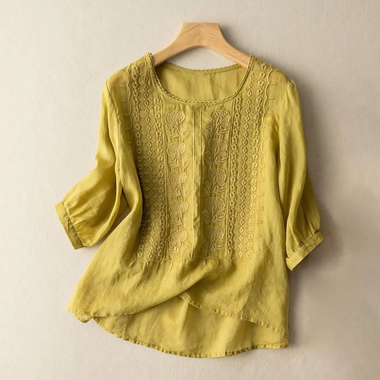 Linen Shirts for Women 2025 Summer Trendy Retro Embroidered 3/4 Sleeve Loose Dressy Casual Tops Boho Cute Blouses