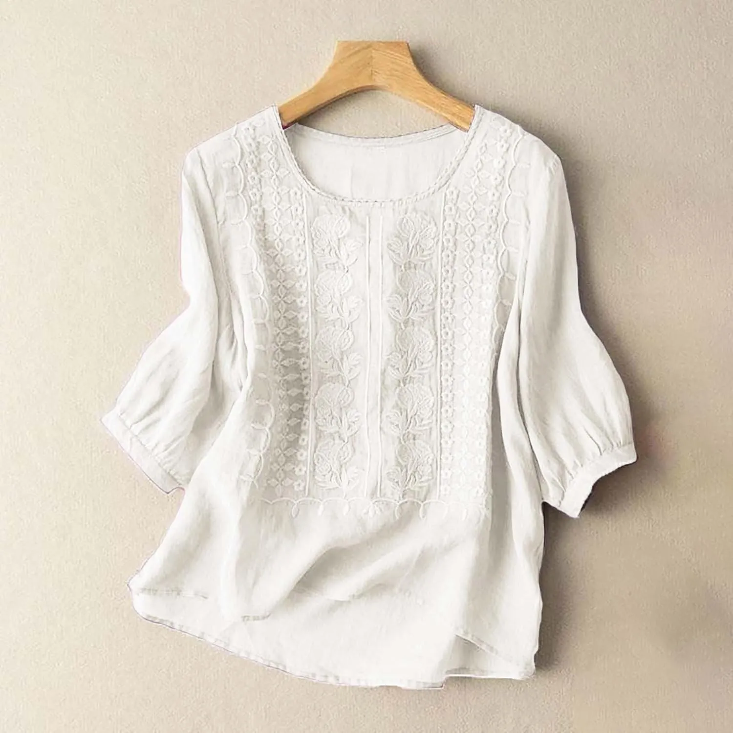 Linen Shirts for Women 2025 Summer Trendy Retro Embroidered 3/4 Sleeve Loose Dressy Casual Tops Boho Cute Blouses