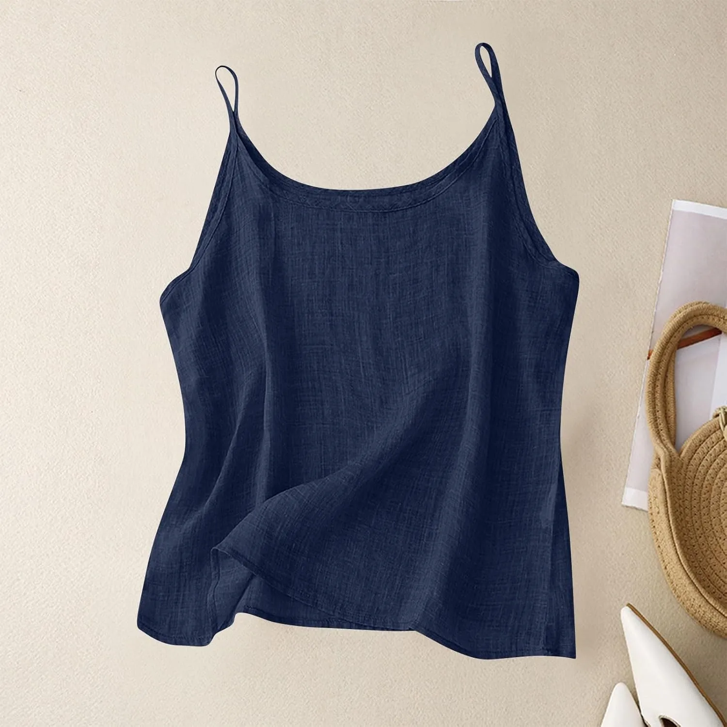 Linen Tank Top for Women Summer Spaghetti Strap Tank Tops Sleeveless Cotton Tshirt Loose Fit Camisole Tops 2025