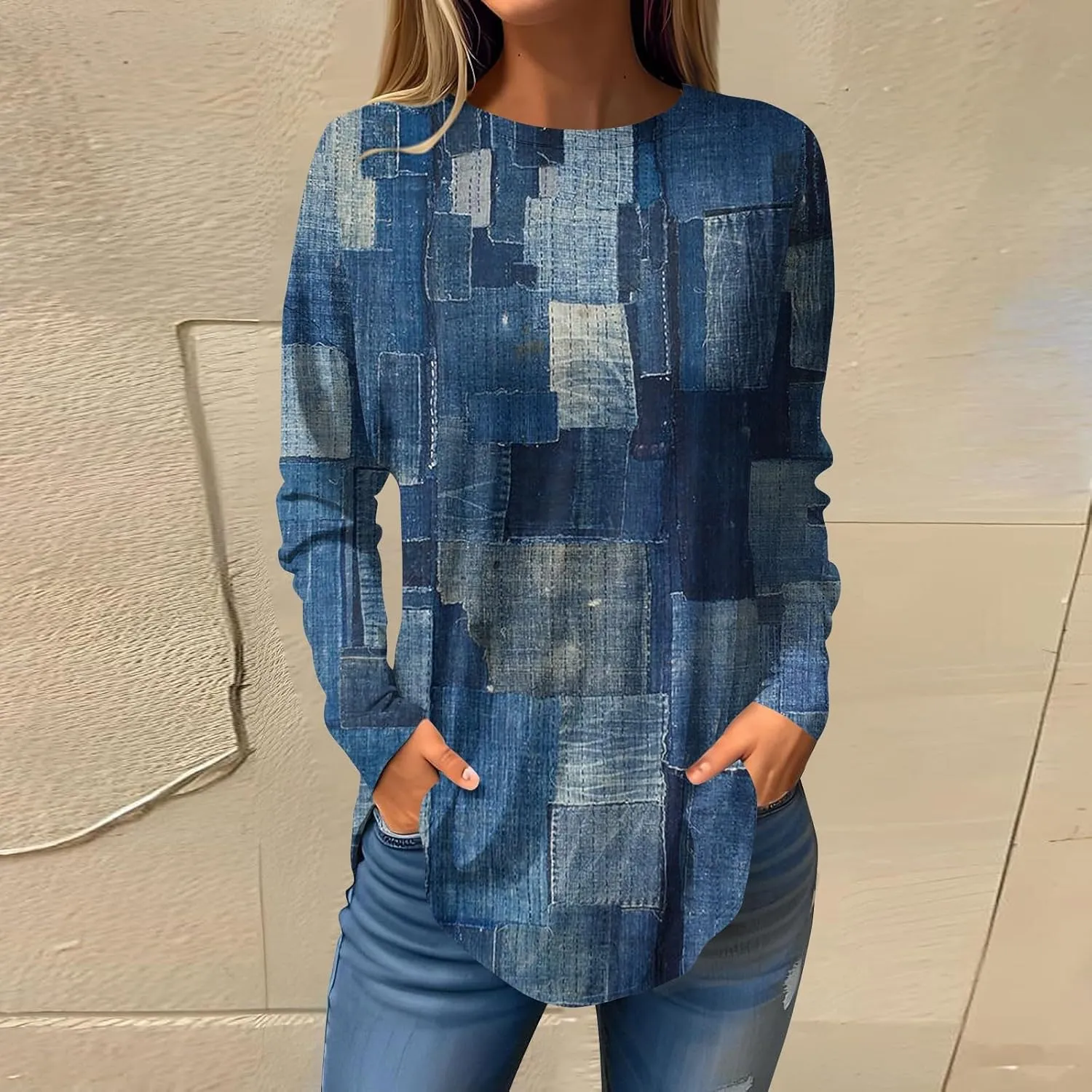 Long Sleeve T Shirts for Women Crewneck Printed Shirt Casual Pullovers Tunic Fashion Tops Comfy Fall Sweatshirts