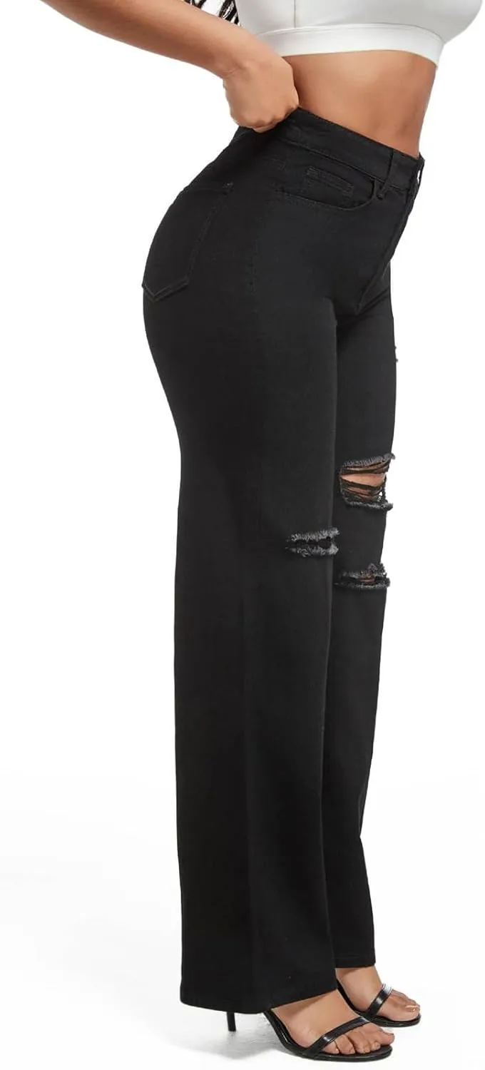 LONGBIDA Ripped High Waist Loose Wide Straight Leg Jeans for Women Stretchy Distressed Denim Pants with Pockets