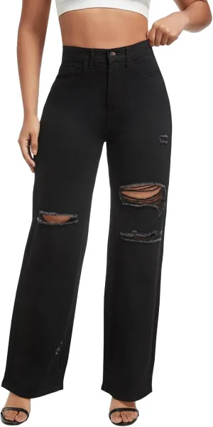 LONGBIDA Ripped High Waist Loose Wide Straight Leg Jeans for Women Stretchy Distressed Denim Pants with Pockets
