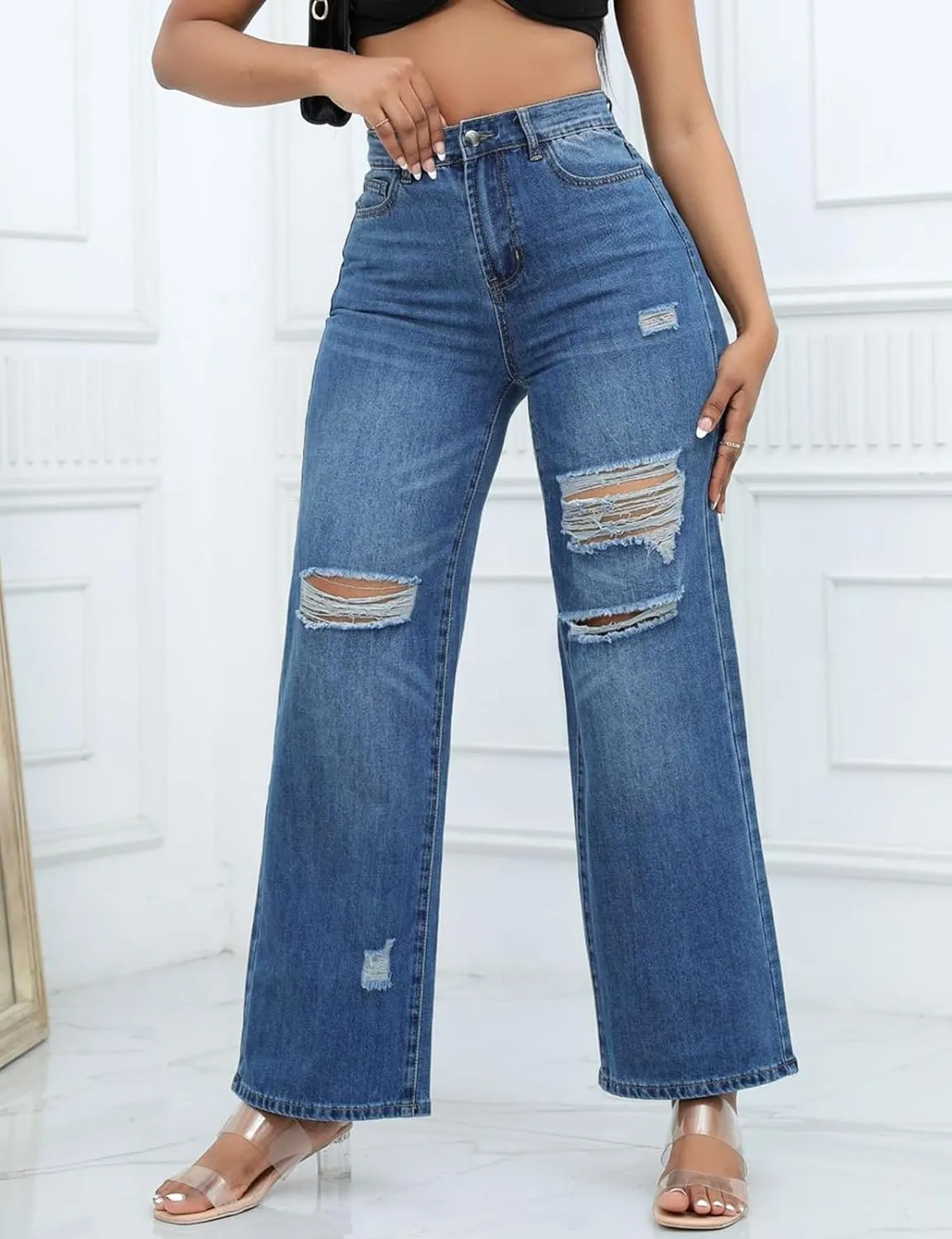LONGBIDA Ripped High Waist Loose Wide Straight Leg Jeans for Women Stretchy Distressed Denim Pants with Pockets