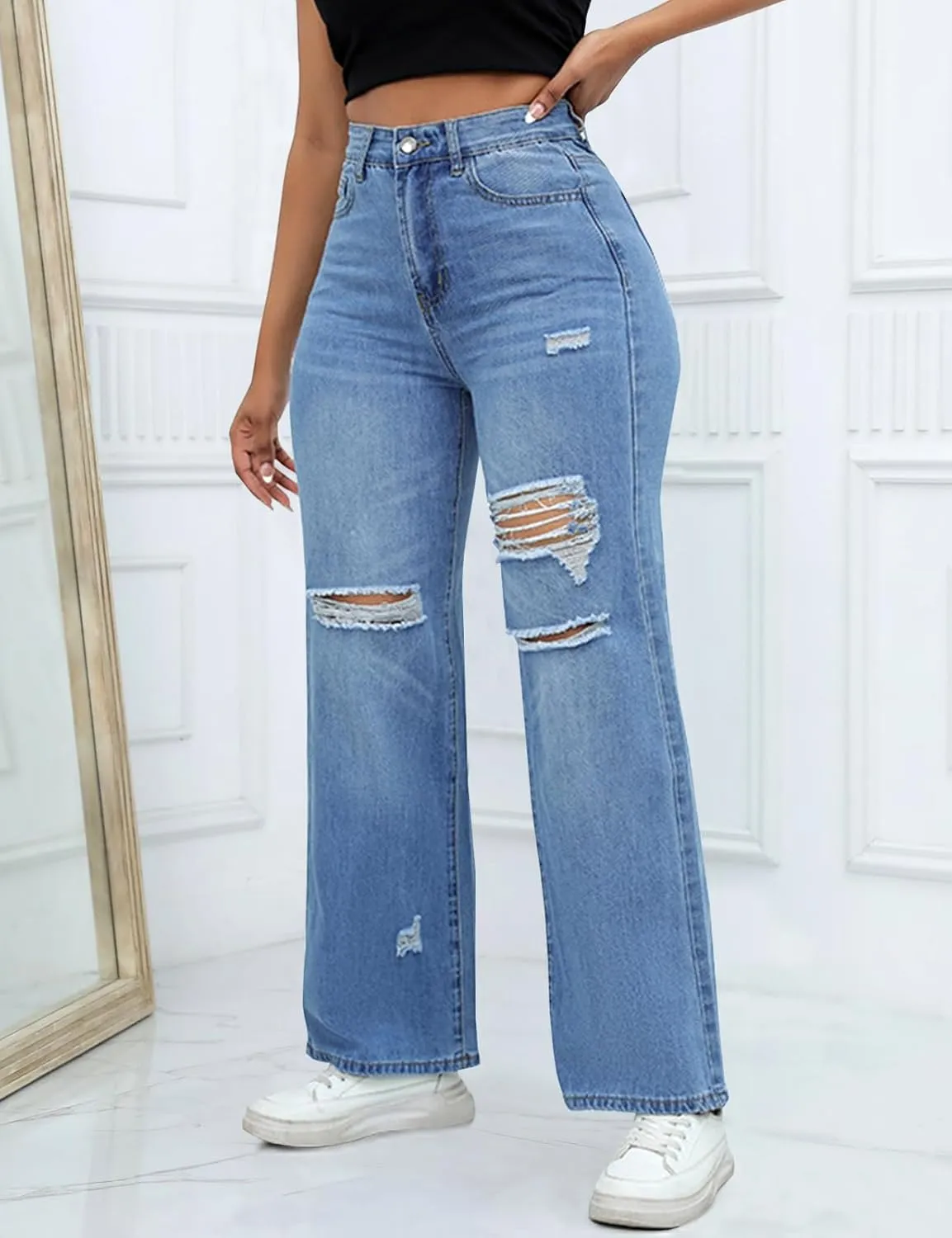 LONGBIDA Ripped High Waist Loose Wide Straight Leg Jeans for Women Stretchy Distressed Denim Pants with Pockets