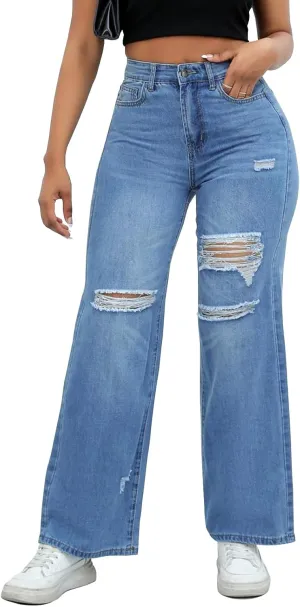 LONGBIDA Ripped High Waist Loose Wide Straight Leg Jeans for Women Stretchy Distressed Denim Pants with Pockets