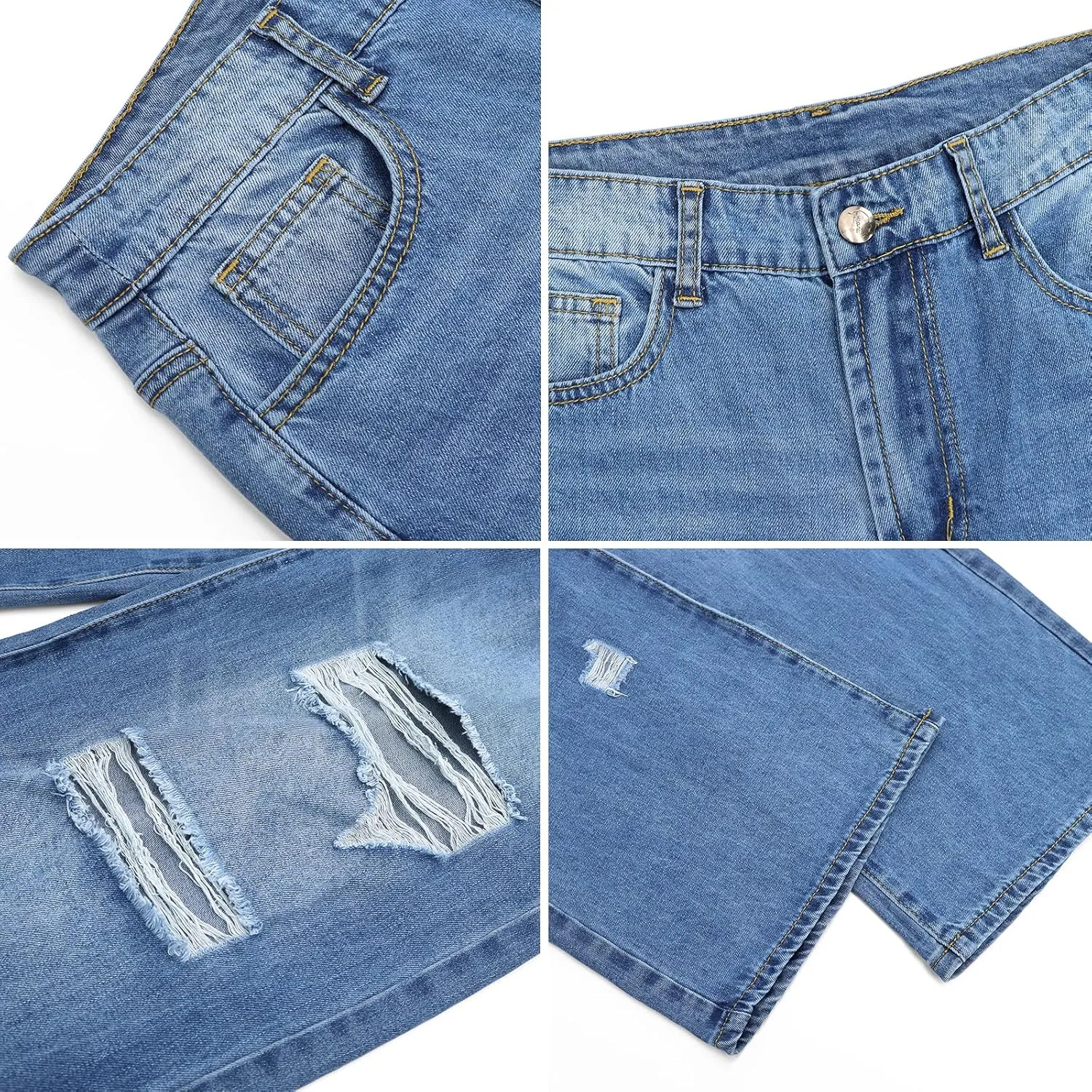 LONGBIDA Ripped High Waist Loose Wide Straight Leg Jeans for Women Stretchy Distressed Denim Pants with Pockets