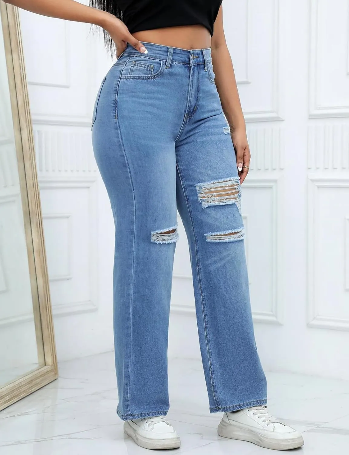 LONGBIDA Ripped High Waist Loose Wide Straight Leg Jeans for Women Stretchy Distressed Denim Pants with Pockets