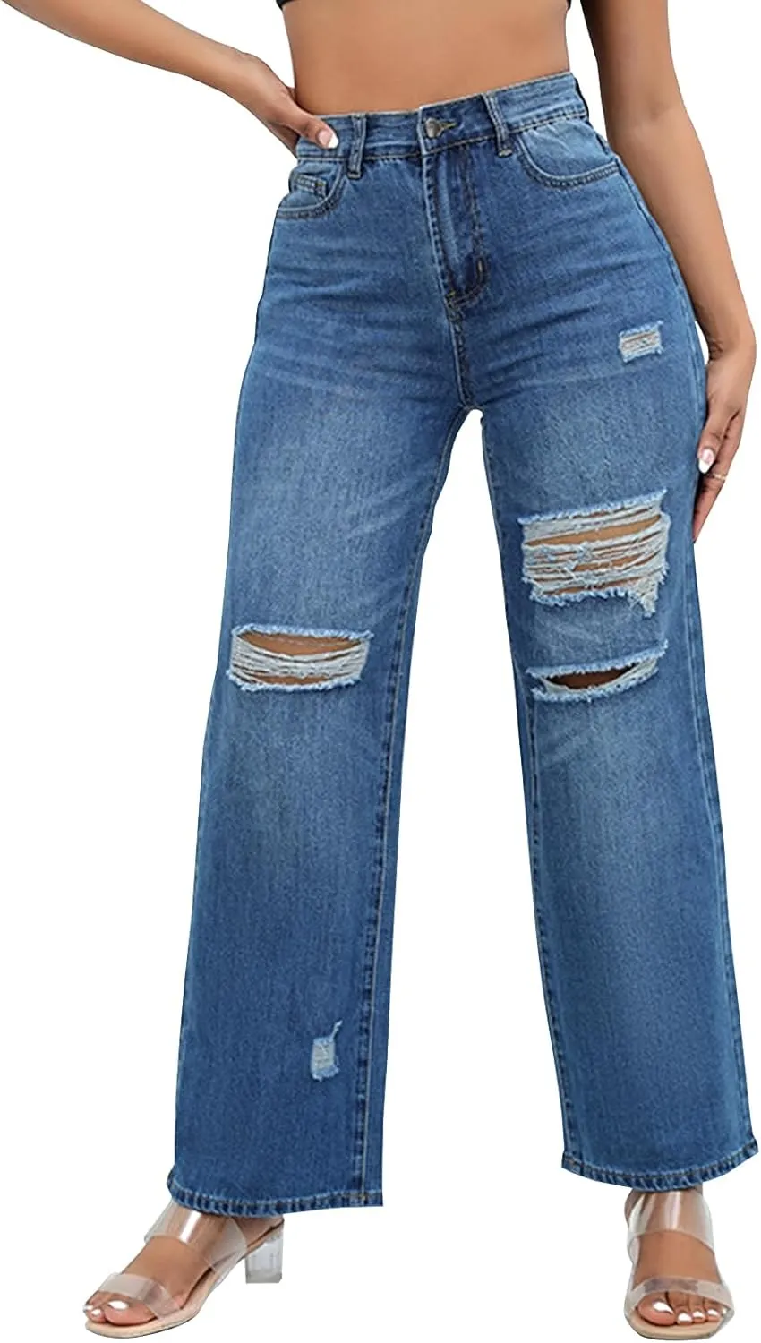 LONGBIDA Ripped High Waist Loose Wide Straight Leg Jeans for Women Stretchy Distressed Denim Pants with Pockets