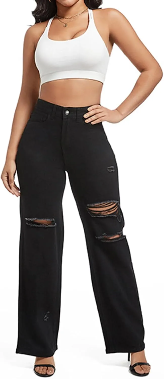 LONGBIDA Ripped High Waist Loose Wide Straight Leg Jeans for Women Stretchy Distressed Denim Pants with Pockets