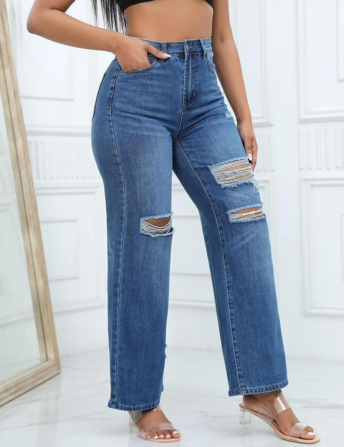 LONGBIDA Ripped High Waist Loose Wide Straight Leg Jeans for Women Stretchy Distressed Denim Pants with Pockets