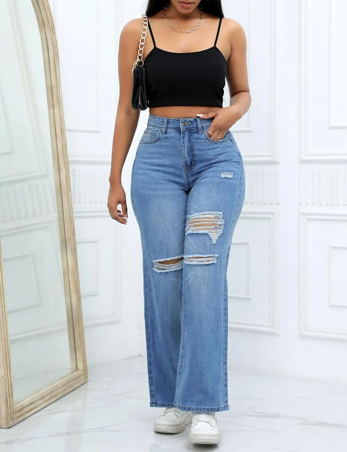 LONGBIDA Ripped High Waist Loose Wide Straight Leg Jeans for Women Stretchy Distressed Denim Pants with Pockets