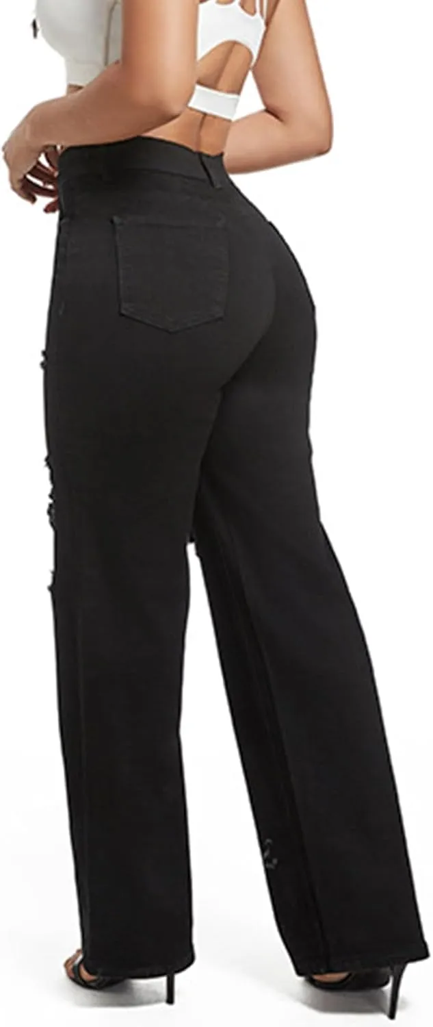 LONGBIDA Ripped High Waist Loose Wide Straight Leg Jeans for Women Stretchy Distressed Denim Pants with Pockets