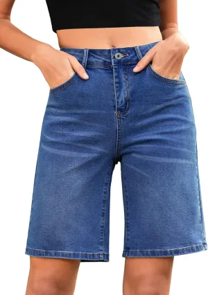 LookbookStore Bermuda Shorts for Women High Waisted Classic Casual Long Jean Shorts Stretchy Denim Jorts with Pockets