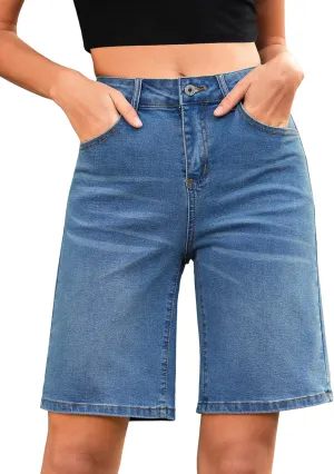 LookbookStore Bermuda Shorts for Women High Waisted Classic Casual Long Jean Shorts Stretchy Denim Jorts with Pockets