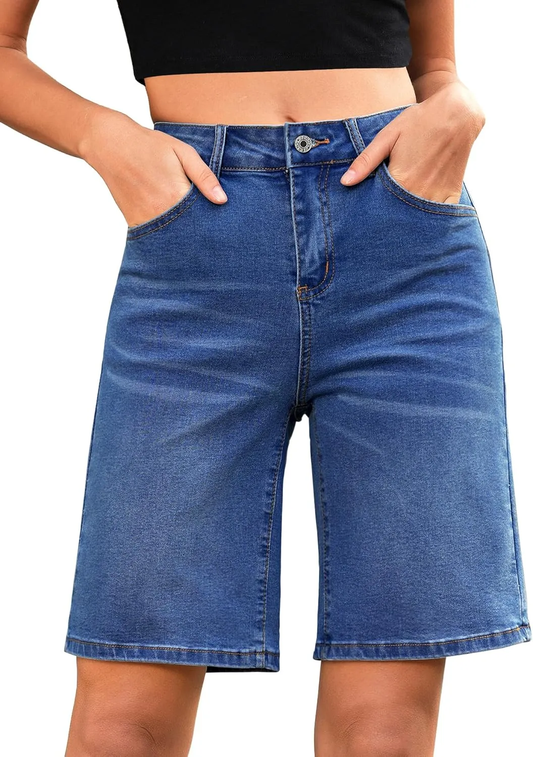 LookbookStore Bermuda Shorts for Women High Waisted Classic Casual Long Jean Shorts Stretchy Denim Jorts with Pockets