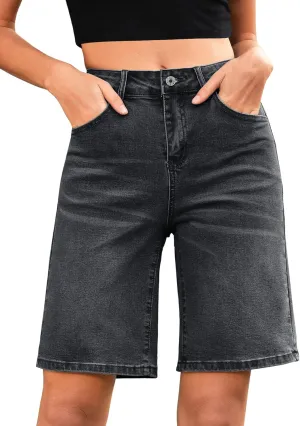 LookbookStore Bermuda Shorts for Women High Waisted Classic Casual Long Jean Shorts Stretchy Denim Jorts with Pockets
