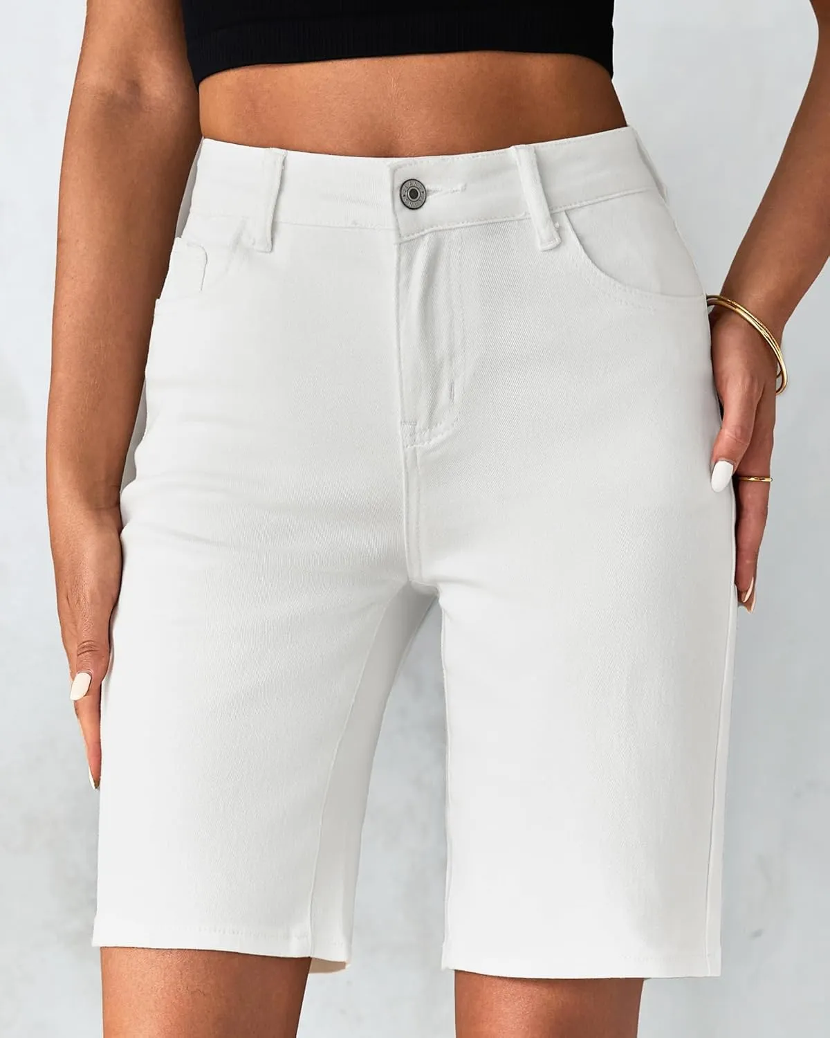 LookbookStore Bermuda Shorts for Women High Waisted Classic Casual Long Jean Shorts Stretchy Denim Jorts with Pockets
