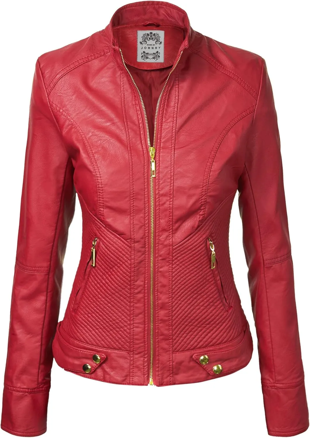 Made By Johnny MBJ Womens Faux Leather Zip Up Moto Biker Jacket with Stitching Detail