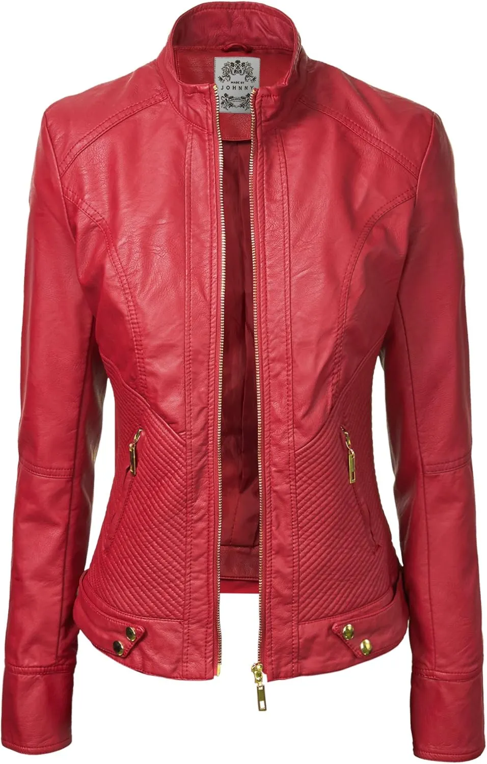 Made By Johnny MBJ Womens Faux Leather Zip Up Moto Biker Jacket with Stitching Detail