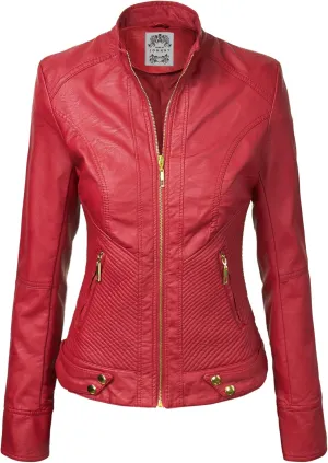 Made By Johnny MBJ Womens Faux Leather Zip Up Moto Biker Jacket with Stitching Detail