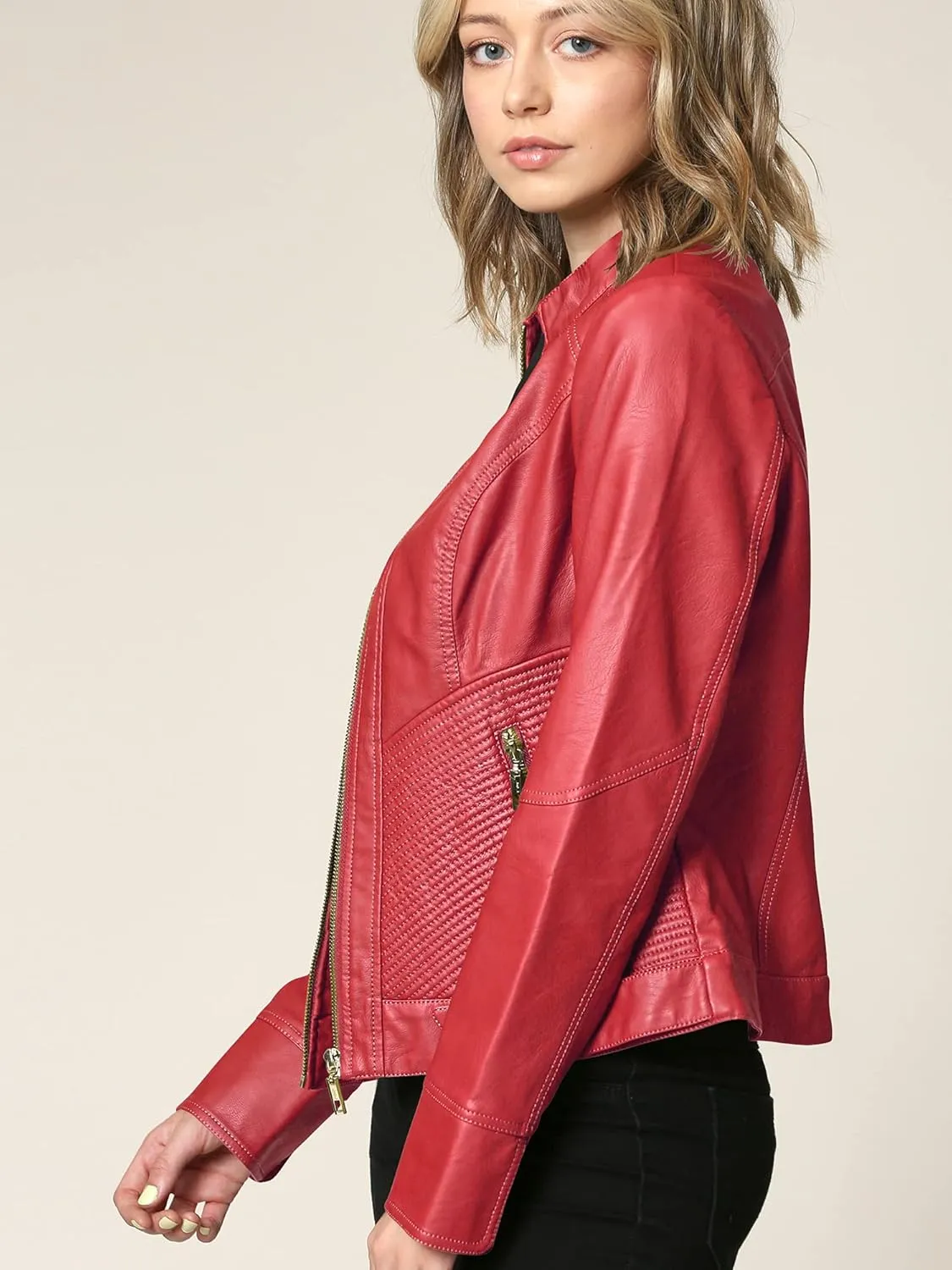 Made By Johnny MBJ Womens Faux Leather Zip Up Moto Biker Jacket with Stitching Detail