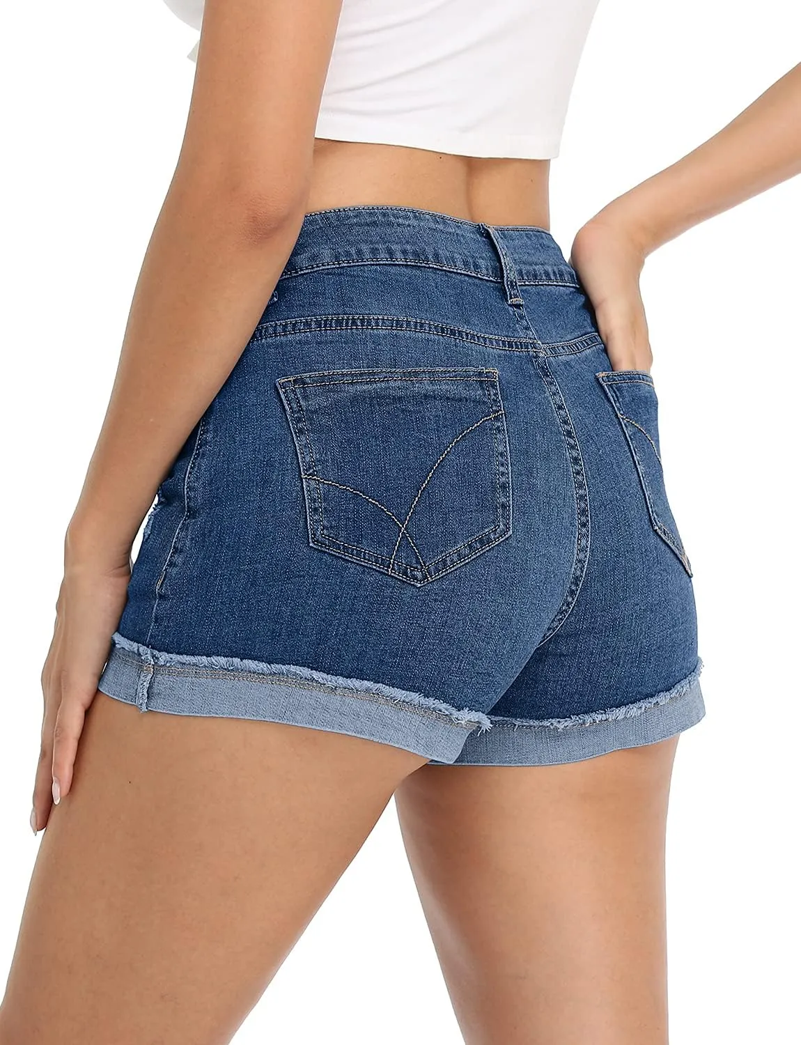 Magritta Denim Shorts for Women Mid Waisted Folded Hem Ripped Jean Shorts