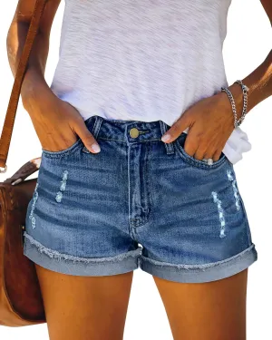 Magritta Denim Shorts for Women Mid Waisted Folded Hem Ripped Jean Shorts
