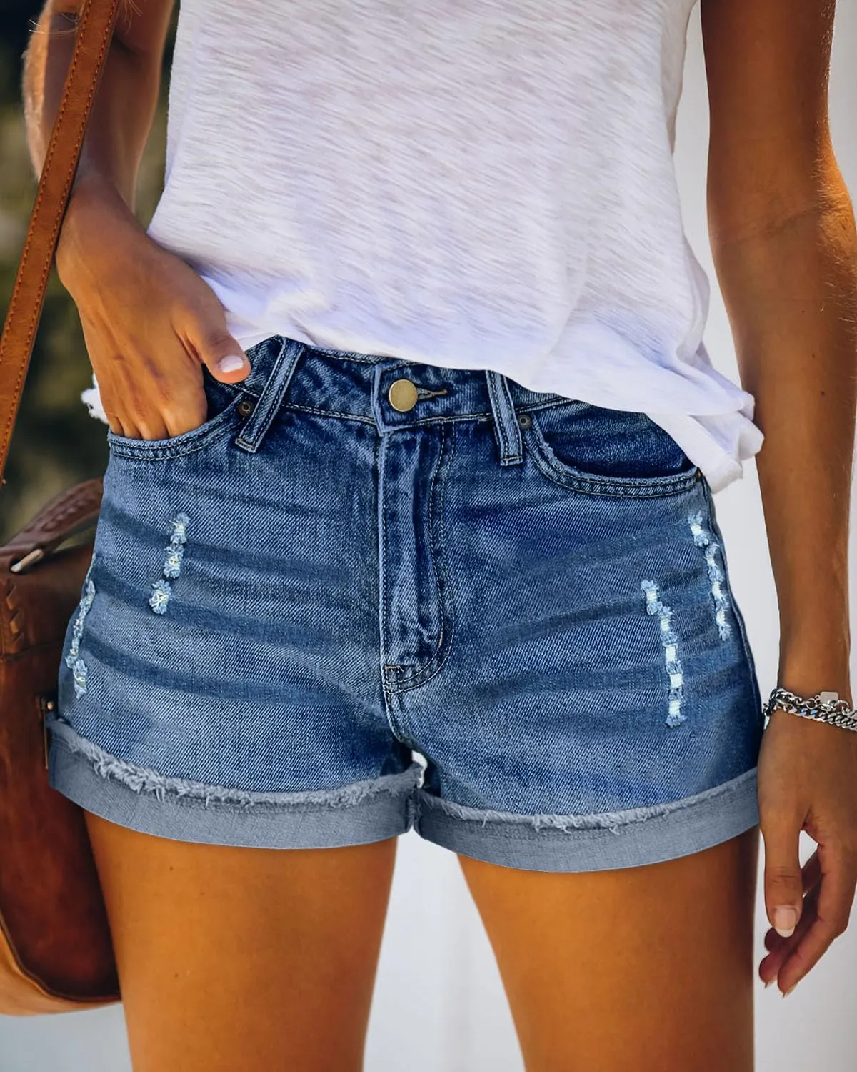 Magritta Denim Shorts for Women Mid Waisted Folded Hem Ripped Jean Shorts