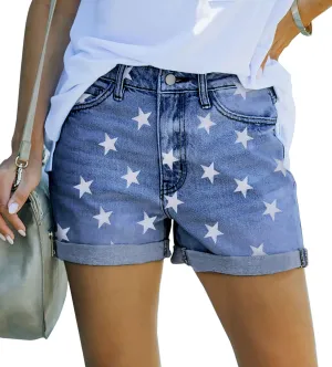 Magritta Denim Shorts for Women Mid Waisted Folded Hem Ripped Jean Shorts