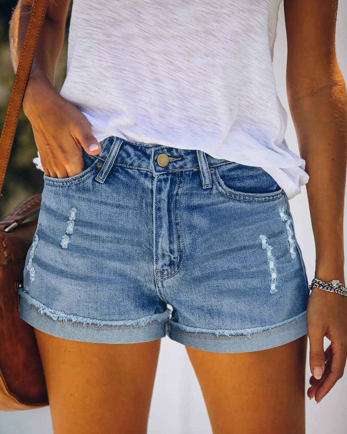 Magritta Denim Shorts for Women Mid Waisted Folded Hem Ripped Jean Shorts