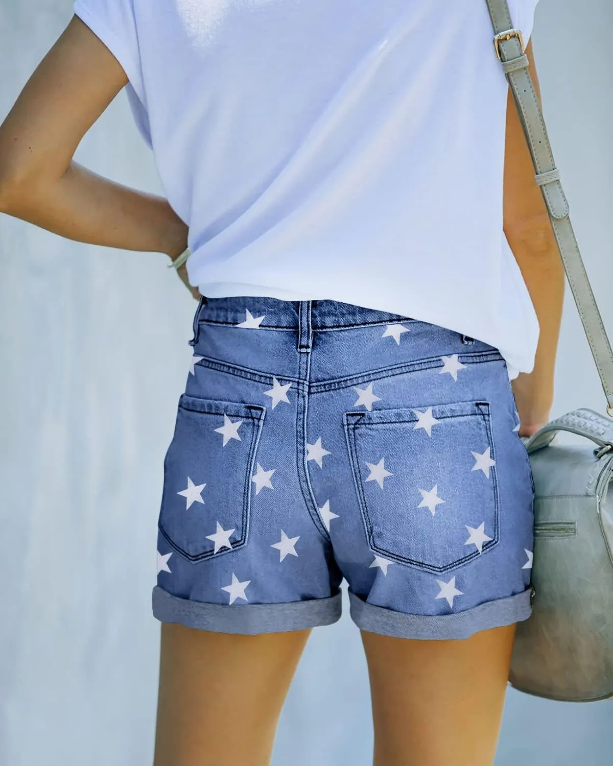 Magritta Denim Shorts for Women Mid Waisted Folded Hem Ripped Jean Shorts