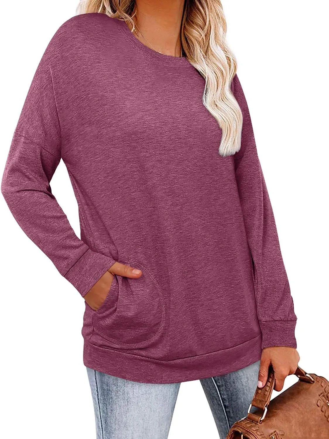 Magritta Womens Tunic Tops Casual Long Sleeve Round Neck Stretchy Loose Fit Sweatshirt Pullover Shirts with Pockets