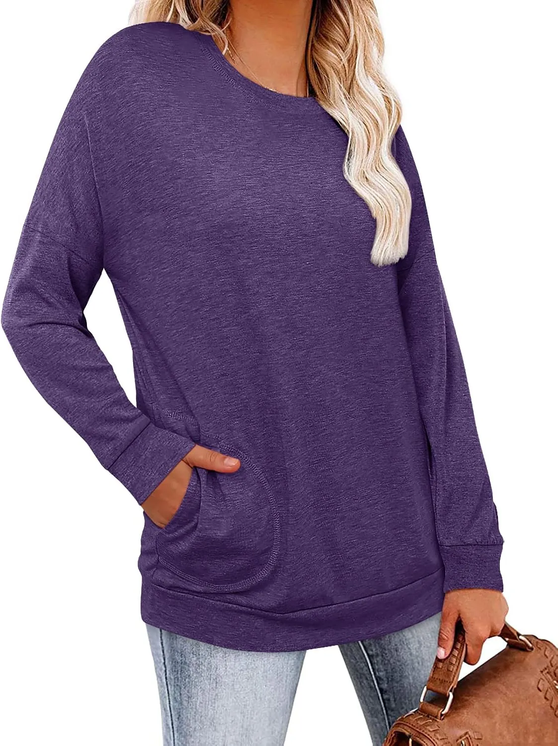 Magritta Womens Tunic Tops Casual Long Sleeve Round Neck Stretchy Loose Fit Sweatshirt Pullover Shirts with Pockets