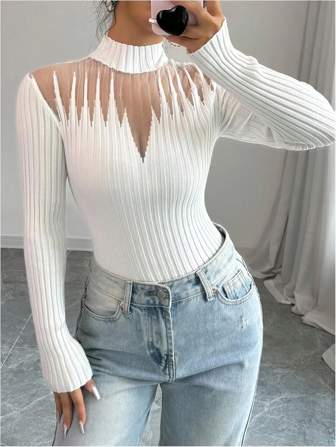 MakeMeChic Women's Mesh Mock Neck Sweater Long Sleeve Rib Knit Fitted Pullovers