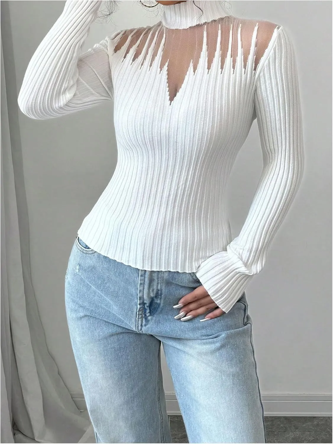 MakeMeChic Women's Mesh Mock Neck Sweater Long Sleeve Rib Knit Fitted Pullovers