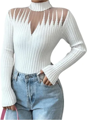 MakeMeChic Women's Mesh Mock Neck Sweater Long Sleeve Rib Knit Fitted Pullovers