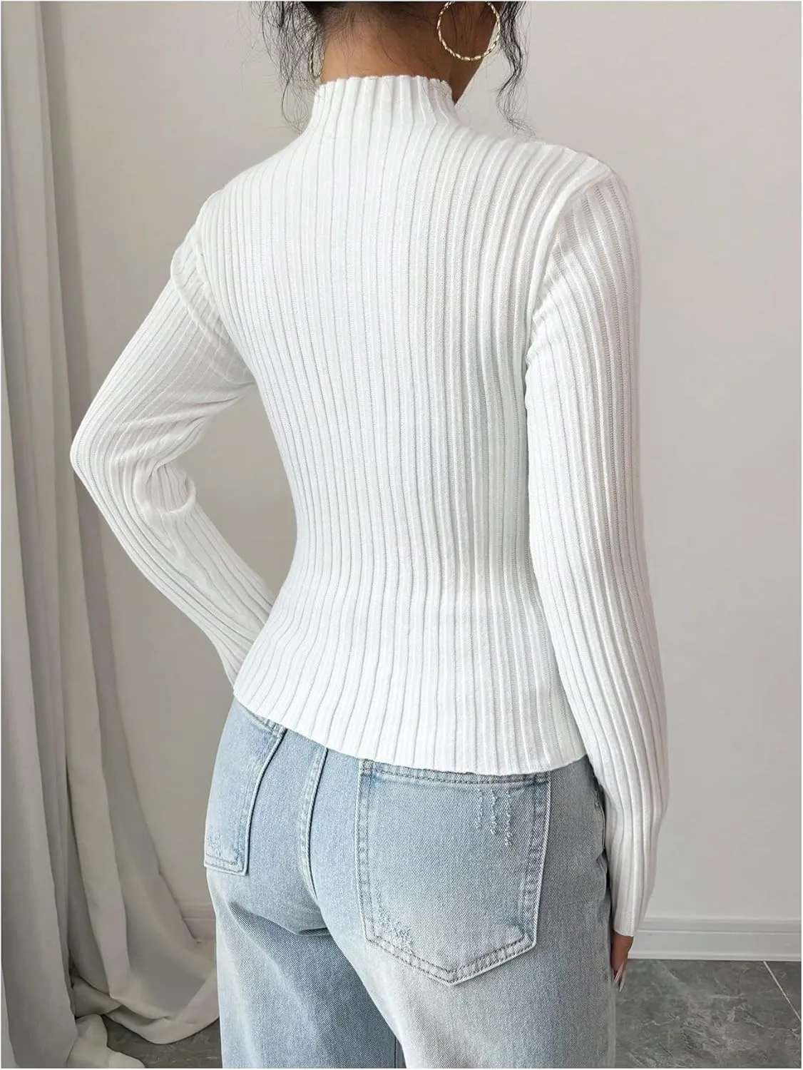 MakeMeChic Women's Mesh Mock Neck Sweater Long Sleeve Rib Knit Fitted Pullovers