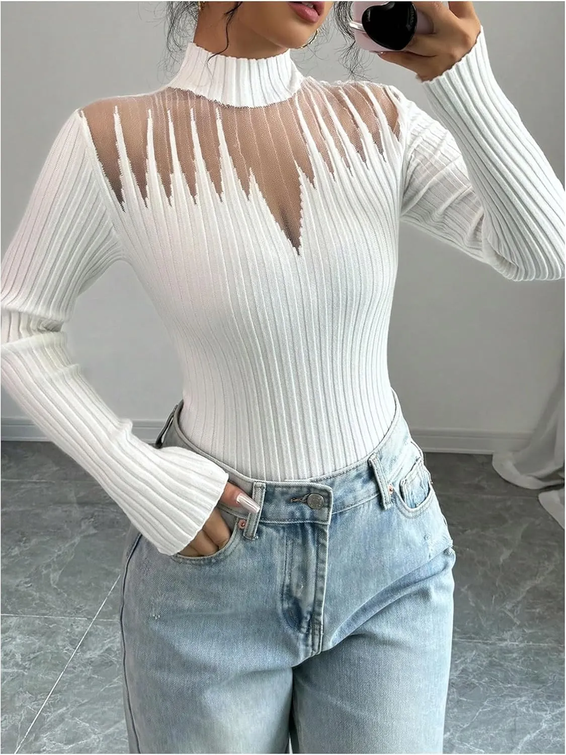 MakeMeChic Women's Mesh Mock Neck Sweater Long Sleeve Rib Knit Fitted Pullovers