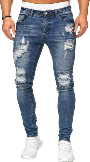 Men Classic Ripped Street Jeans Mid Waist Skinny Denim Trousers with Holes Y2K Comfortable Casual Pencil Pants