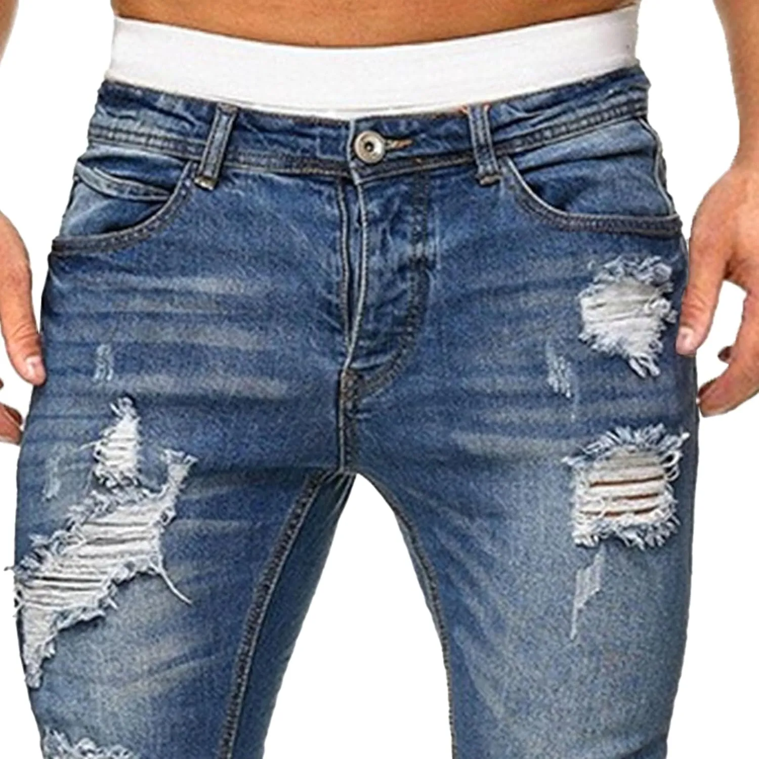 Men Classic Ripped Street Jeans Mid Waist Skinny Denim Trousers with Holes Y2K Comfortable Casual Pencil Pants