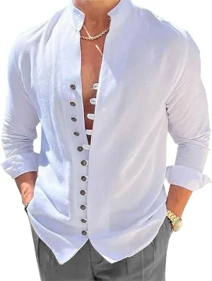 Men Cotton Linen Casual Cardigan Tops Single Breasted Loose Street T Shirt Vintage Stand Collar Long Sleeve Shirts
