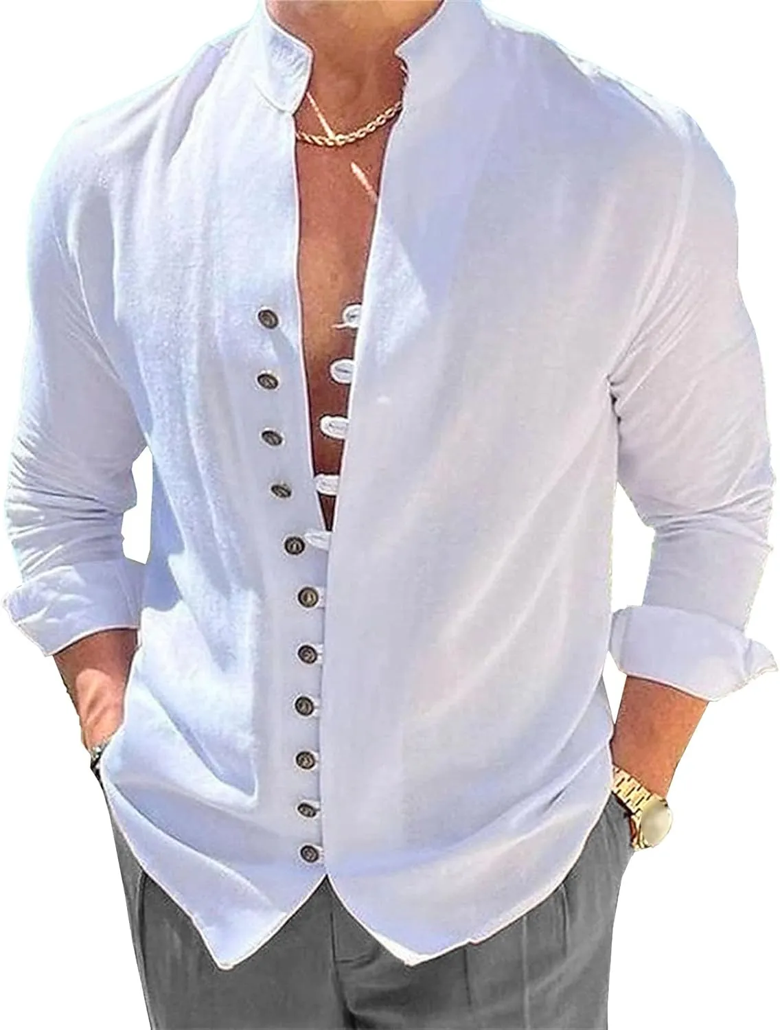 Men Cotton Linen Casual Cardigan Tops Single Breasted Loose Street T Shirt Vintage Stand Collar Long Sleeve Shirts